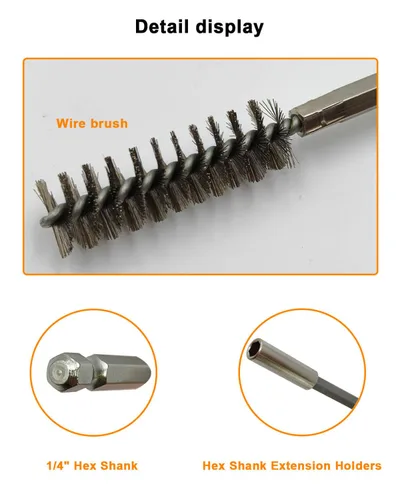 Vista 6 de Cepillo de alambre de acero inoxidable para taladro, accesorio redondo largo para limpiar el óxido 10Pcs Stainless Steel & Brass Wire Brush Set 8