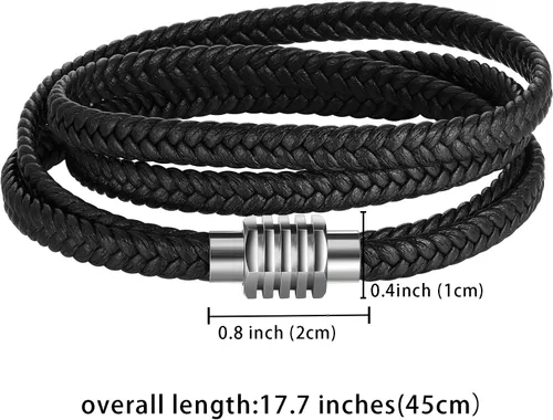 Vista 6 de Pulsera de cuero para hombre, pulsera trenzada negra de acero inoxidable, pulsera ajustable de protección multicapa para mujer