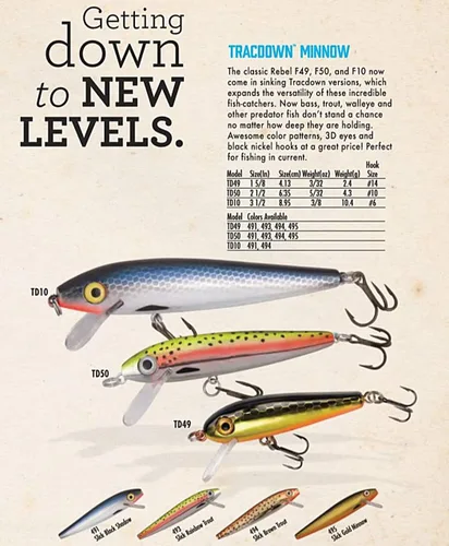 Vista 2 de Señuelos Rebel Tracdown de hundimiento lento, Crankbait para pesca de róbalo, trucha y lucioperca