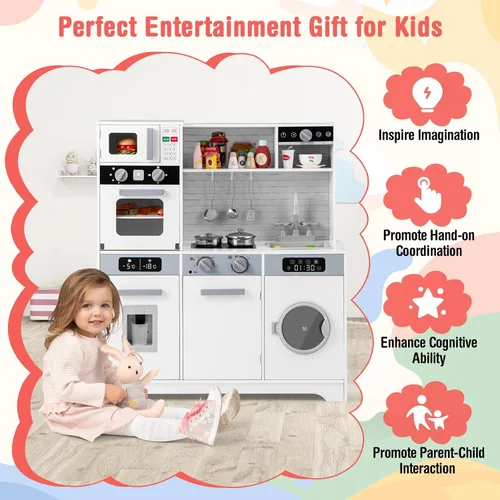 Vista 8 de Costzon Juego de cocina para niños, juego de madera para niños pequeños con luces y sonidos reales, fregadero, grifo, dispensador de agua, Blanco