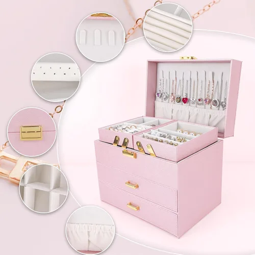 Vista 4 de Dajasan Cajas de joyería para mujeres y niñas, organizador de almacenamiento de joyas, 4 capas, caja organizadora de joyas grande con 2 cajones