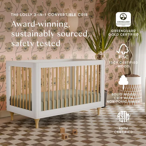 Vista 2 de Babyletto Lolly Cuna convertible 3 en 1 con kit de conversión de cama para niños pequeños en blanco y natural, certificado Greenguard Gold