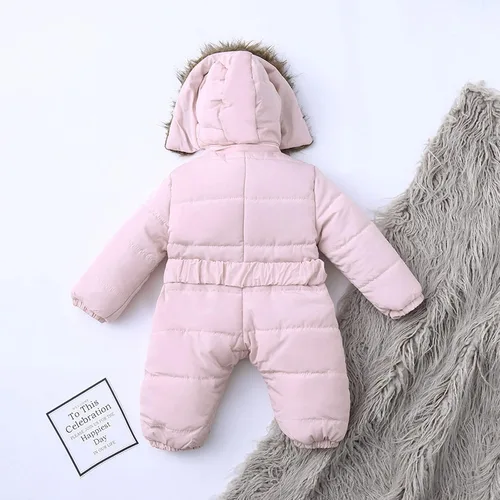 Vista 4 de Abrigo de abrigo cálido para bebé, chaqueta de nieve para niñas, overol con capucha para niñas (rosa, 6-9 meses)