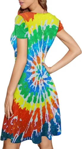 Vista 5 de POLERO Vestido floral de hongos para mujer, vestido midi de talla grande, vestido de verano de manga corta, cuello redondo, vestidos de línea A