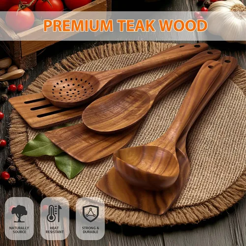 Vista 2 de Juego de utensilios de madera de teca de 6 piezas, cucharas de madera de agarre cómodo para cocinar, juego de utensilios de cocina de madera