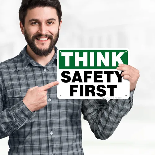 Vista 2 de Think Safety First Sign, 10 x 7 pulgadas, libre de óxido, aluminio 040, resistente a la decoloración, fabricado en Estados Unidos por My Sign Center