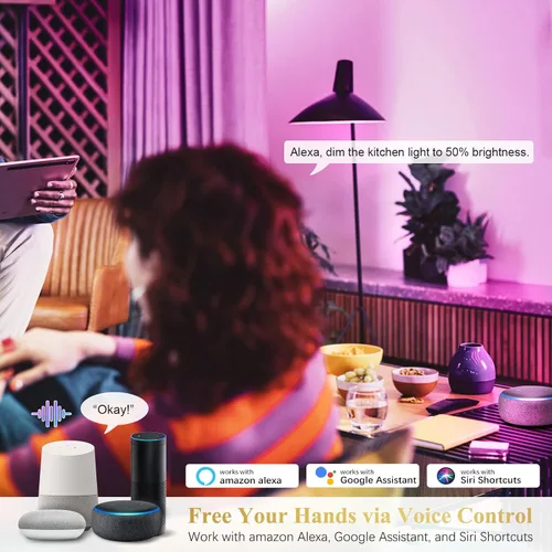 Vista 3 de DiCUNO Bombillas inteligentes, bombilla cambiante a todo color, compatible con Alexa, Google Assistant, no requiere concentrador, RGBCW multicolor