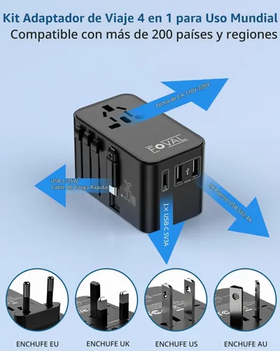 Vista 3 de FOVAL Adaptador de enchufe de viaje europeo, adaptador de viaje universal con cable USB C retráctil, adaptador de corriente internacional todo