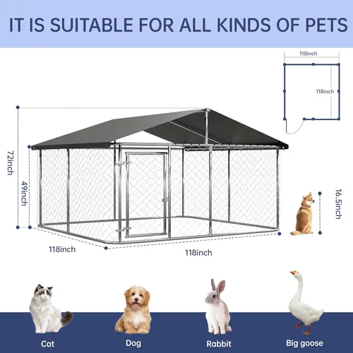 Vista 2 de Petony 305 cm x 305 cm Jaula para Perros al Aire Libre, Caseta para Perros Resistente, Jaula Grande para Mascotas, Malla, Caseta para Perros