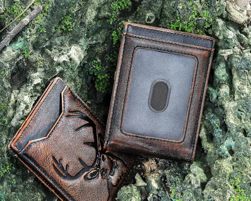Vista 4 de DK86 Mens Deer Slim Wallet with Money Clip Minimalist Bifold Front Pocket wallet for Men RFID Blocking Full Grain Leather with Hand Burnished