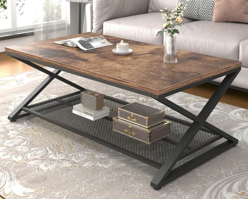 Vista 10 de LVB - Mesa de centro negra de 2 niveles con almacenamiento, 39 pulgadas Industrial Metal Wood Living Room Table with Storage, Farmhouse Wooden