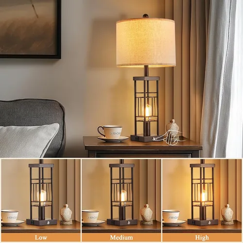 Vista 2 de Reaketon Juego de 2 lámparas de mesa para sala de estar con puertos de carga USB, lámparas de estilo granja regulables de 3 vías de 70 cm