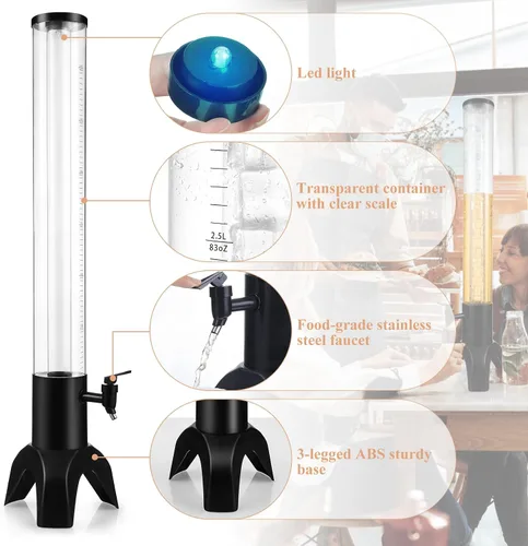 Vista 9 de Torre de bebidas, dispensador de torre de bebidas de 3 litros con tubo de hielo y luz LED, dispensador de cerveza de mesa de 3.17 cuartos de galón