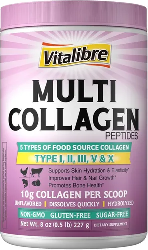 Vista 2 de Vitalibre Péptidos de colágeno múltiple en polvo tipo I II III V X + L-lisina 1000 mg comprimidos, proteína de colágeno hidrolizada y aminoácidos