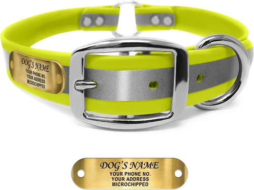 Vista 13 de Regal Dog Products Collar de perro reflectante negro pequeño con placa de nombre grabada personalizada y anillo central resistente Collares