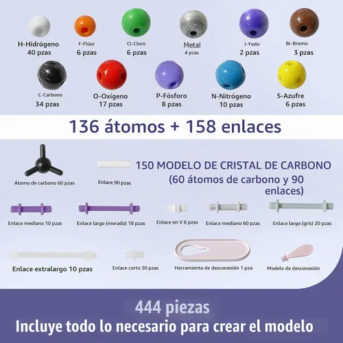 Vista 7 de Kit de modelo de química orgánica de 444 piezas para el aprendizaje de química orgánica e inorgánica, kit de modelo molecular, malla molecular