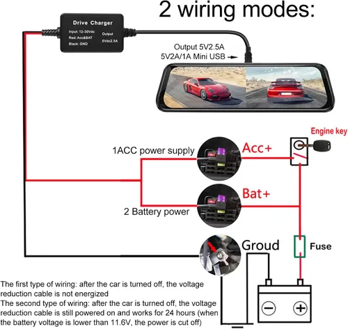 Vista 3 de Acouto Kit de cable rígido para cámara de salpicadero, cable de alimentación de 12 V a 28 V a 5 V, adaptador USB, sobrecalentamiento para cámara