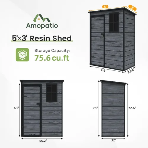 Vista 7 de Amopatio Cobertizo de almacenamiento para exteriores con piso, cobertizo de plástico con cerradura de 5 x 3 pies con ventilación, cobertizos