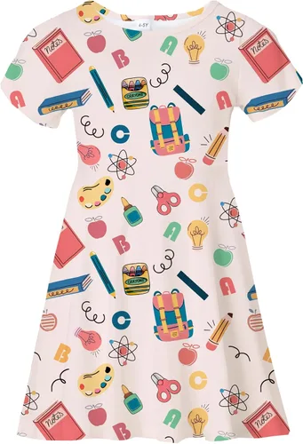 Vista 28 de Vestidos para niñas con estampado lindo, de manga corta, vestidos casuales de verano para niñas de 4 a 10 años
