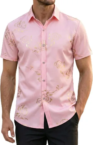 Vista 13 de ZEROYAA - Camisas de vestir de manga corta con estampado de rosa dorada para hombre, estilo hipster, calce ajustado, con botones