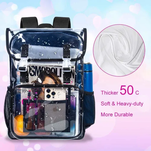 Vista 2 de Mochila transparente con tapa abatible de 17 pulgadas, juego de 3 piezas aprobado para estadios, bolsa transparente resistente para gimnasio o Negro