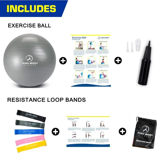 Vista 2 de ProBody Pilates Pelota de ejercicio (21.7 in) y 5 bandas de resistencia para estabilidad, barras, yoga, entrenamiento básico y terapia física