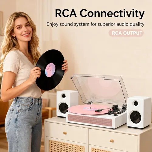 Vista 8 de Tocadiscos de vinilo con altavoces, tocadiscos Bluetooth vintage rosa con modos de sonido EQ y pantalla LED, tocadiscos de 3 velocidades para discos