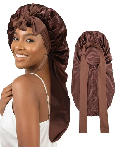 Vista 11 de AWAYTR Gorro largo de satén para mujer, gorro de seda elástica de doble capa para trenzas, gorro de dormir con banda de amarre (negro)