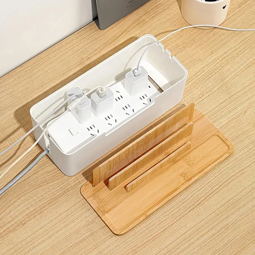 Vista 4 de Catekro Caja de organización de cables con tapa de bambú, soporte para teléfono celular, tableta, enchufe de almacenamiento de cables de datos Negro