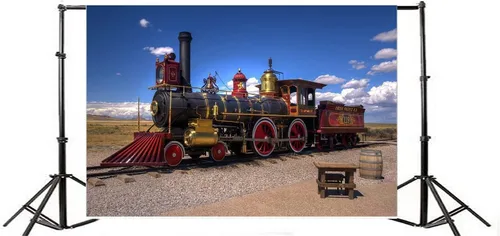 Vista 2 de Yeele Telones de fondo de fotos clásicos de tren de vapor de 12 x 8 pies, vinilo vintage vías de ferrocarril, locomotora para adultos, retratos