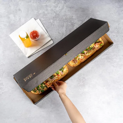 Vista 149 de Restaurantware - Cajas para pizza, 50 unidades, 14 x 7 x 1.5 pulgadas, embalaje de papel de cartón corrugado con bloqueo de pestañas, resistente a