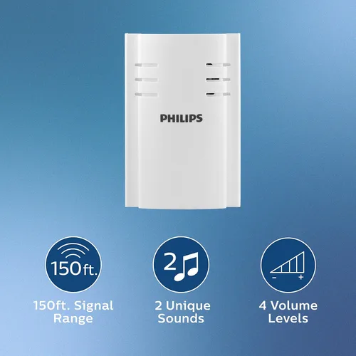 Vista 2 de Philips Kit de timbre inalámbrico, receptor enchufable, 1 botón, 2 melodías, 4 niveles de volumen, rango de 150 pies, blanco, DES2120W/27