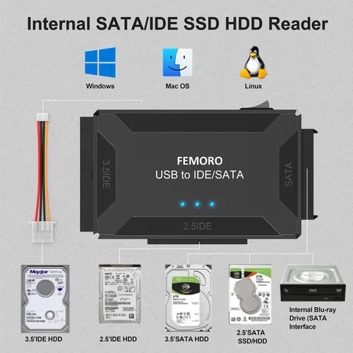 Vista 9 de FEMORO Lector de disco duro IDE SATA a USB 3.0 + adaptador USB C, kit de convertidor de recuperación de datos 3 en 1 con fuente de alimentación