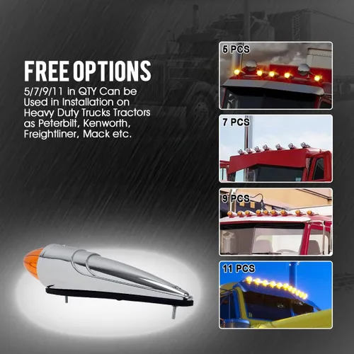 Vista 7 de Partsam 5 luces LED ámbar torpedo para techo de cabina de 17 luces LED para correr, cromadas superbrillantes, repuesto para camiones internacionales