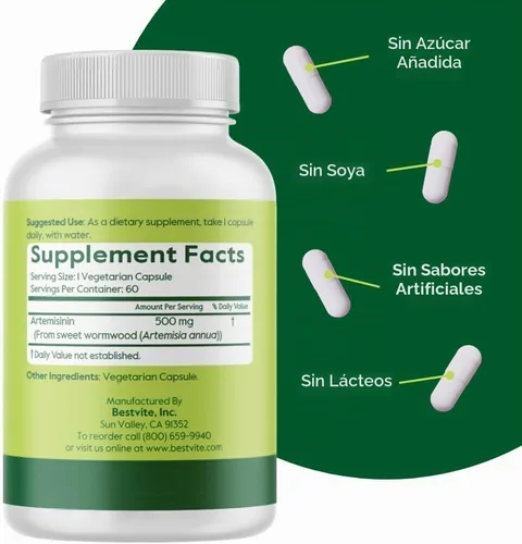 Vista 3 de BESTVITE Artemisinina 500mg por cápsula (60 cápsulas vegetales) - Extra