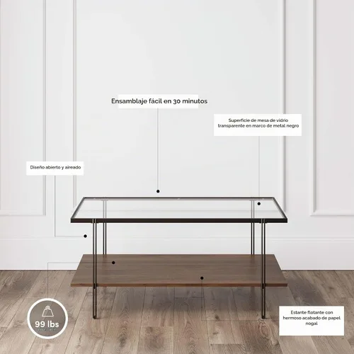 Vista 4 de Nathan James Asher Mid-Century - Mesa de centro rectangular con parte superior de cristal y estante de almacenamiento con acabado de madera con Negro