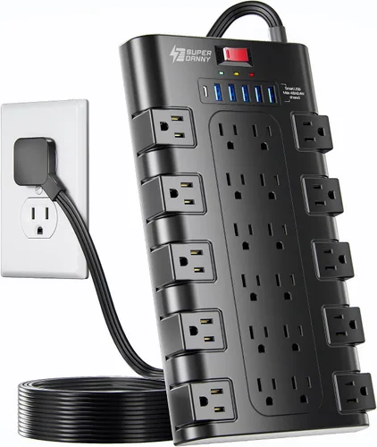 Vista 10 de Regleta de alimentación, SUPERDANNY - Protector contra sobretensiones con 22 tomas de corriente AC y 6 puertos de carga USB, 1875 W/15 A, 2100