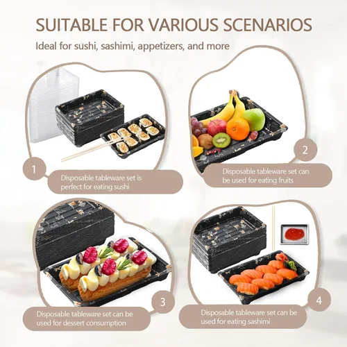 Vista 4 de Juego de vajilla desechable para 50 bandejas recipientes de sushi con tapas de 7.3 x 5.1 pulgadas, cajas desechables para sushi para llevar, 50