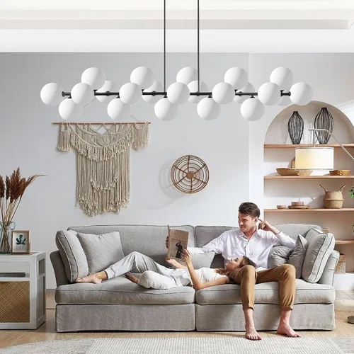 Vista 8 de Lámpara de araña moderna Sputnik Earth de cristal, 22 luces, 69 pulgadas, estilo de mediados de siglo, lámpara de techo semiempotrada, adecuada