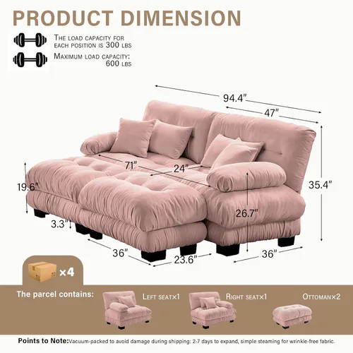 Vista 29 de Sofá Seccional Modular Extragrande de 93.7 pulgadas, Sofá de Dos Plazas Cloud Couch con Almohadas y Cojín Extra Grueso para Sala de Estar, Cine