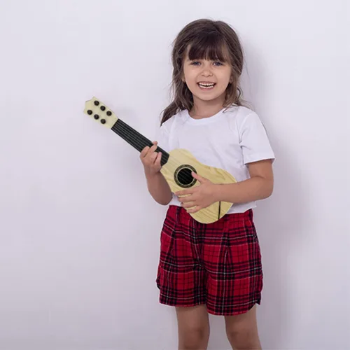 Vista 8 de Guitarra de juguete para niños de 6 cuerdas, guitarra de 17 pulgadas para bebés, linda rima, instrumento musical educativo de desarrollo para niños