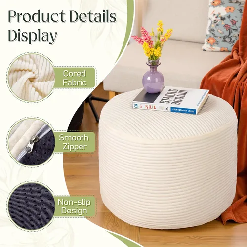 Vista 4 de Puf otomano redondo de pana para sala de estar, taburete relleno de espuma triturada de felpa suave, cómodo reposapiés Soft plush shredded foam