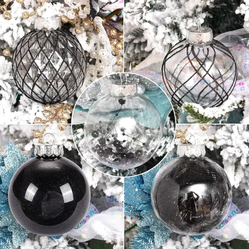 Vista 6 de Juego de adornos de bola de Navidad, 20 unidades, grandes, color negro transparente, inastillables, 3.150 in/3.15 pulgadas, adornos de Navidad