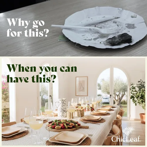 Vista 6 de Chic Leaf Platos desechables cuadrados de hoja de palma de bambú, paquete de 100 unidades de 8 pulgadas, vajilla biodegradable y compostable, platos