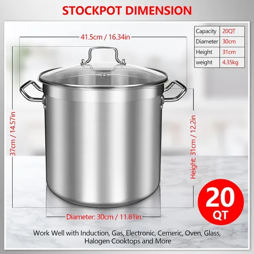 Vista 2 de Olla grande de 20 cuartos de galón con tapa de vidrio templado, olla de cocina de acero inoxidable para sopa, guiso y pasta, olla resistente