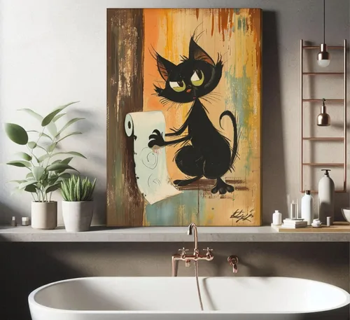 Vista 6 de Divertido Arte de Pared de Baño de Gato Negro en Lienzo Arte de Pared de Gato Abstracto con Imagen de Papel Higiénico Decoración de Pared Póster