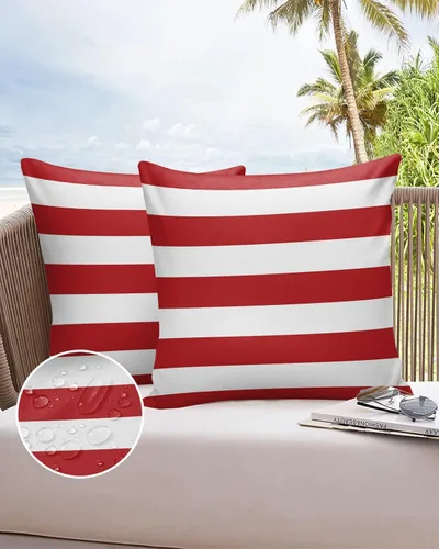 Vista 6 de Juego de 2 fundas de almohada de poliéster geométricas rojas con rayas rojas y blancas para exteriores, fundas decorativas para jardín, decoración