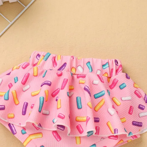 Vista 4 de IMEKIS Traje de 1er cumpleaños para bebé niña con estampado de girasol y durazno + pantalones cortos con volantes + diadema para sesión de fotos