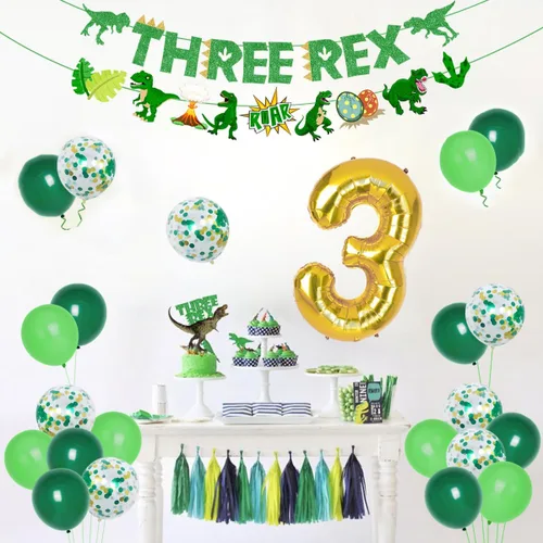 Vista 2 de Decoración de fiesta de cumpleaños de tres Rex, decoración de tercer cumpleaños, decoración de tercer cumpleaños, pancarta de tres Rex, globo