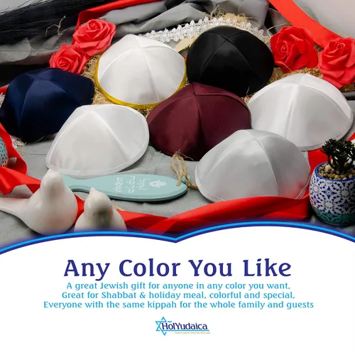 Vista 5 de HolYudaica Paquete de 5 piezas Hq SatinLinoVelvetSeda CrudaGamuza Kippah para hombre, sombrero Yamaka diseñado en Israel Kippot Bulk